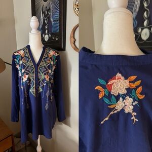 Luna Moon Anthropologie Embroidered Floral Tunic Top Women's M Blue Boho